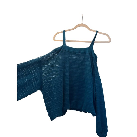 Free People Sistine Cold Shoulder Hacci Knit Top Size Medium Teal - Picture 2 of 8